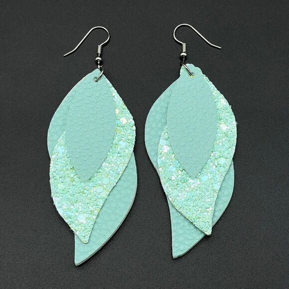 Green Faux Leather with Sequin Layered Leaf 316L Stainless Steel Hook Earrings - Picture 2 of 9